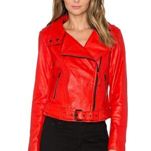 Mackage Hania  Leather Moto Zip Jacket Size xxs  Red / Flame  New (Missing Belt)